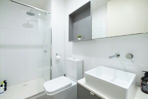 Hair dryer, towels, soap, shampoo