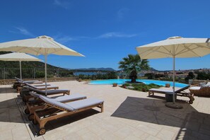 Seasonal outdoor pool, pool umbrellas, sun loungers
