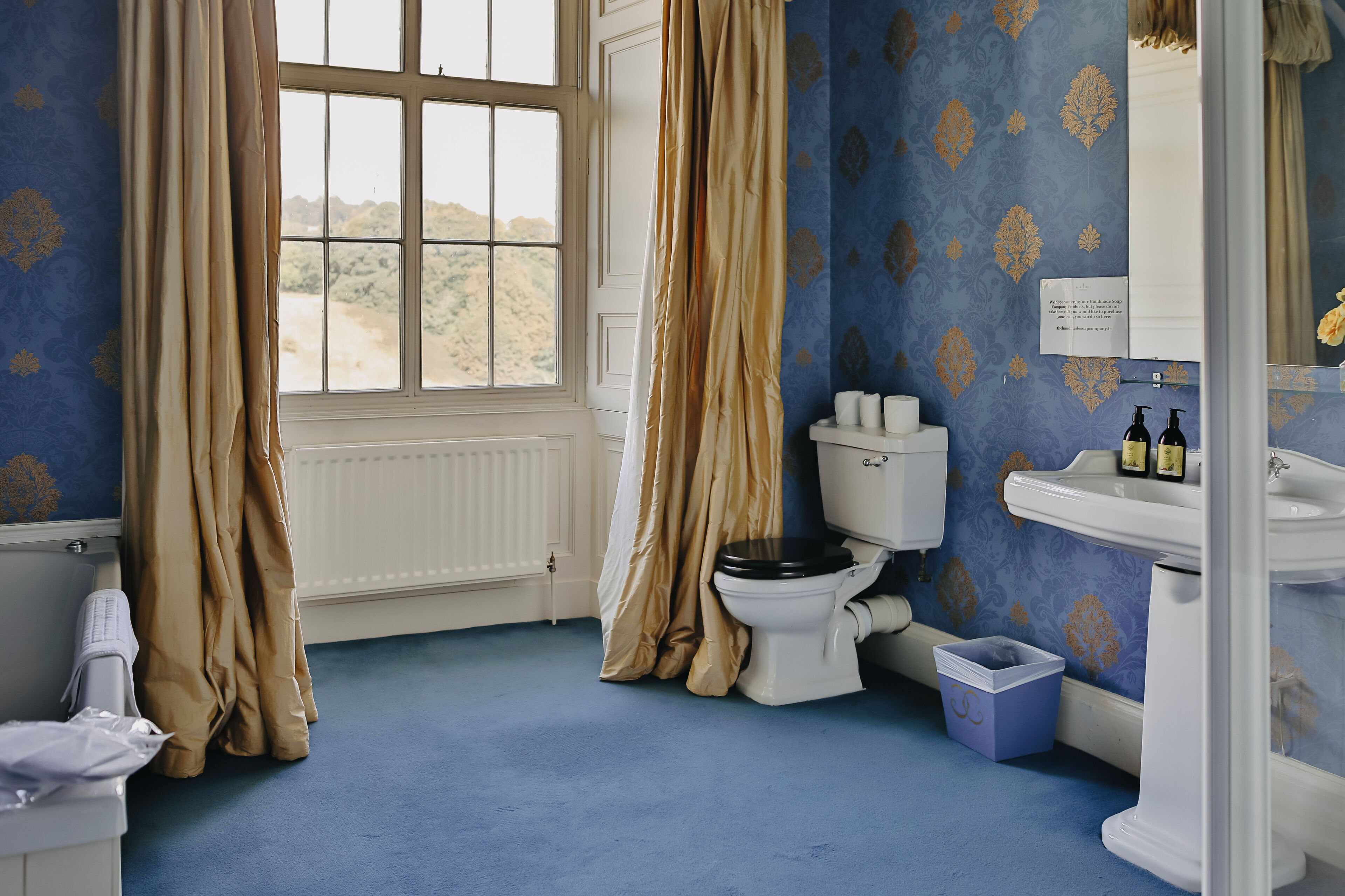 Shower, towels, soap, toilet paper