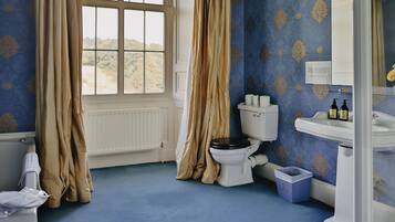 Shower, towels, soap, toilet paper