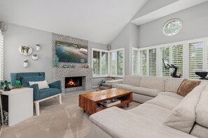 TV connectée, cheminée, livres, chaîne hi-fi