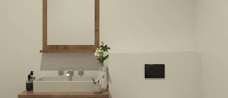 Douche, sĂšche-cheveux, serviettes fournies, savon