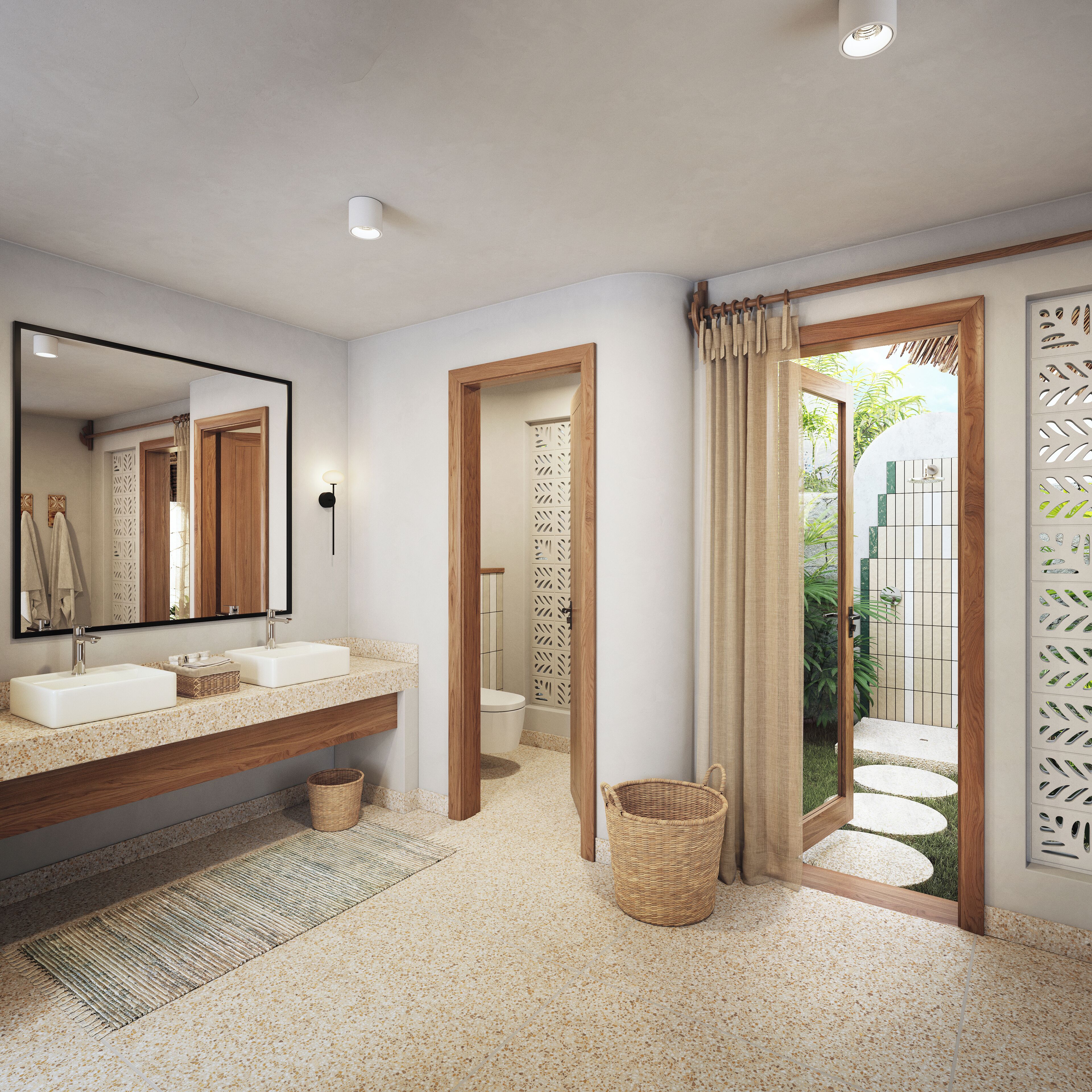 A modern bathroom with two sinks, a large mirror, and a shower area.