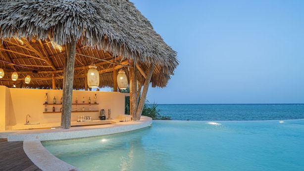 A infinity pool with a wooden deck, a bar area with a thatched roof, and a view of the ocean. - Matemwe Attitude (Matemwe)