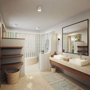 Shower, hair dryer, towels, toilet paper