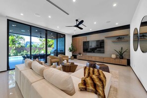 TV, books, stereo, offices