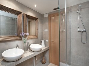 Shower, hair dryer, towels, toilet paper