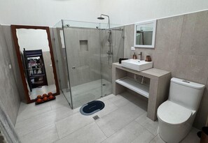 Tina de hidromasaje, toallas, jabón, papel de baño