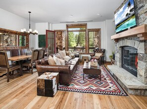 Smart TV, fireplace, foosball