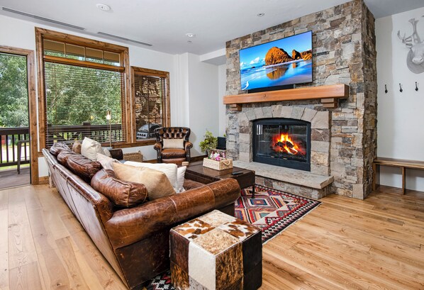 Smart TV, fireplace, foosball