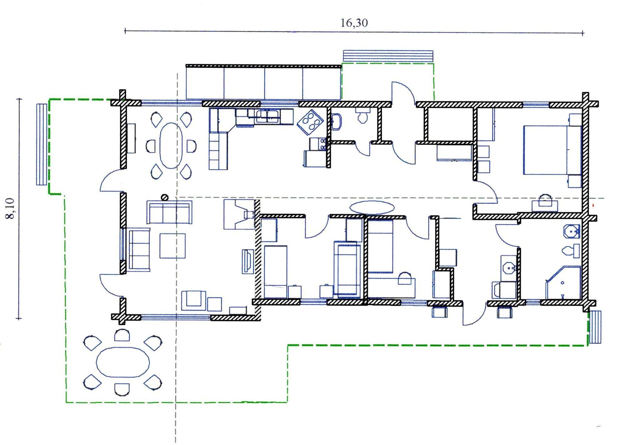 A floor plan of a hotel with a dining area, kitchen, and multiple bedrooms.