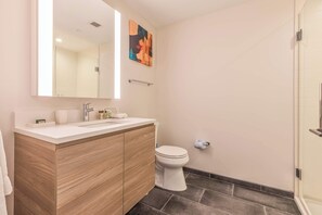 Shower, hair dryer, towels