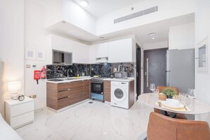 Fridge, microwave, stovetop, toaster