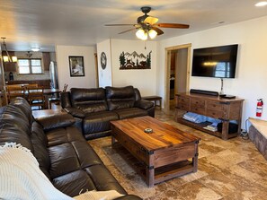 TV, fireplace, table tennis, books