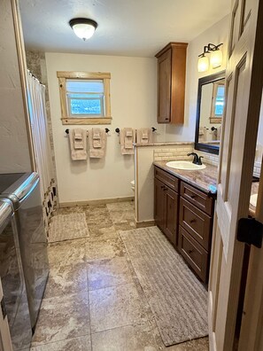 Hair dryer, towels, soap, shampoo