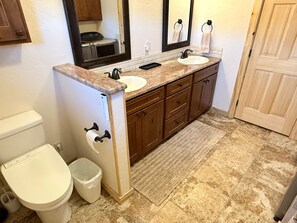 Hair dryer, towels, soap, shampoo