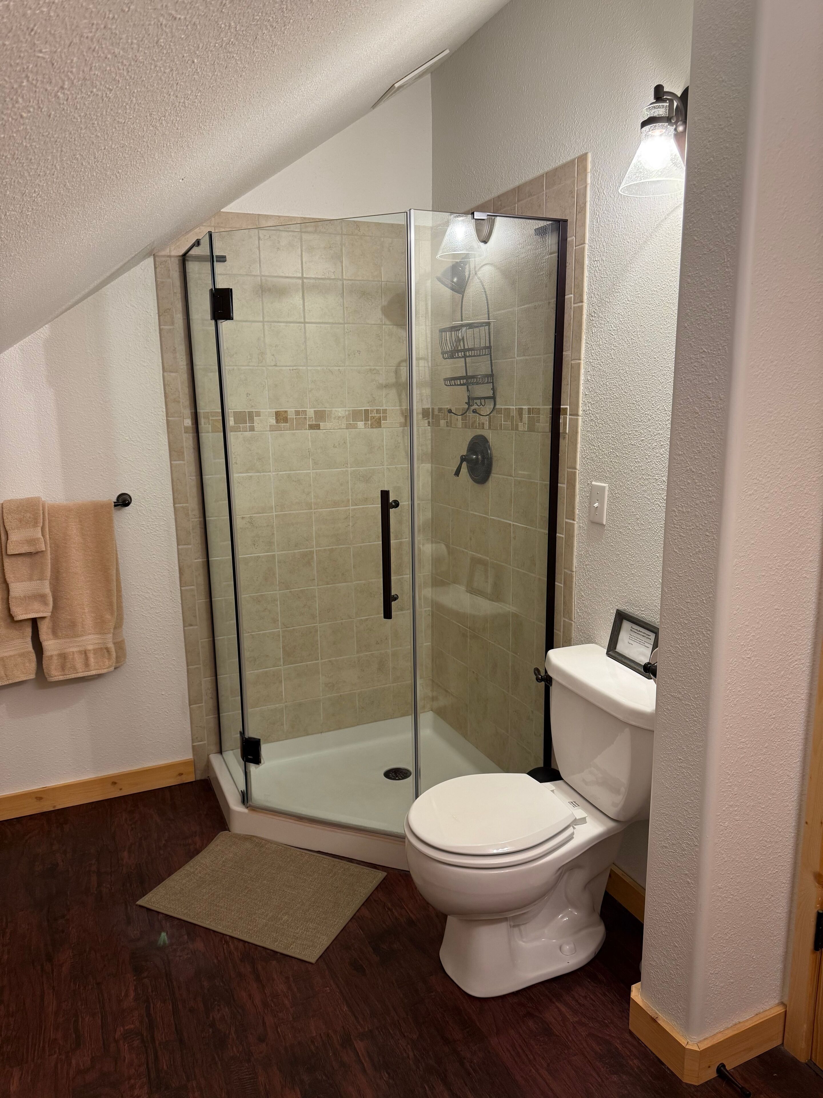 Ein modernes Badezimmer mit Duschkabine, Toilette und Handtuchhalter.