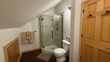 Hair dryer, towels, soap, shampoo