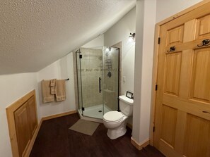 Hair dryer, towels, soap, shampoo