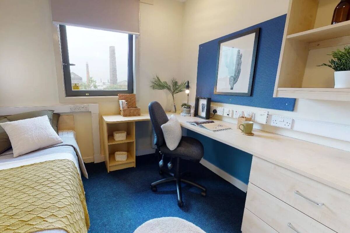 A bedroom with a bed, a desk, a chair, a window, and a shelf with a plant.