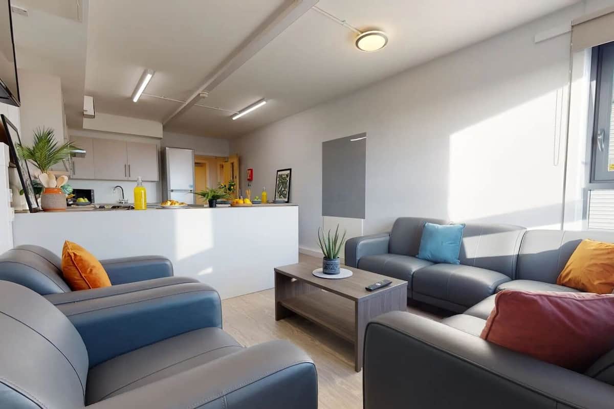 A modern living room with a grey sofa, a coffee table, and a TV.