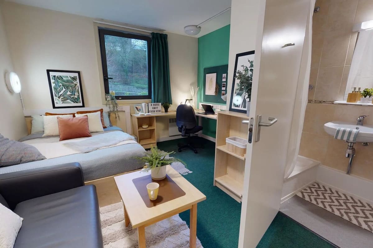 A modern hotel room with a bed, a desk, a chair, a small table with a plant, a window with curtains, a bathroom with a sink and mirror, and a wall with framed pictures.