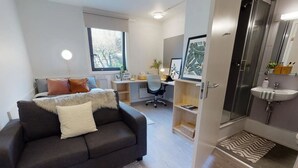 Un salon moderne avec un canapé gris, un tapis à motifs, un bureau avec une chaise, une bibliothèque et une salle de bain avec une douche et un lavabo.
