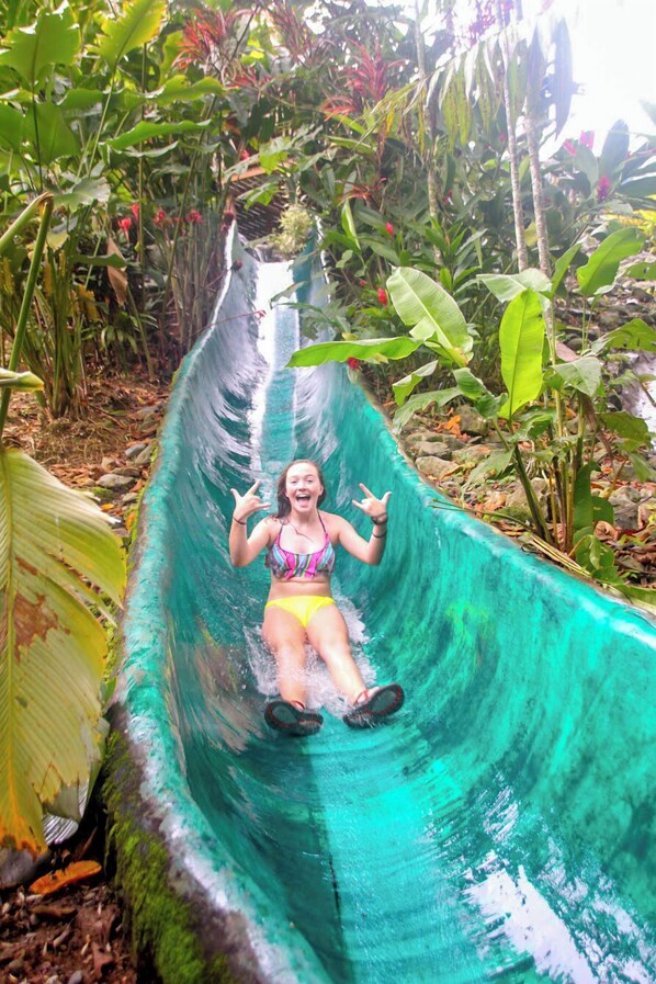 Une personne dévale une toboggan aquatique, entourée d’une végétation luxuriante.