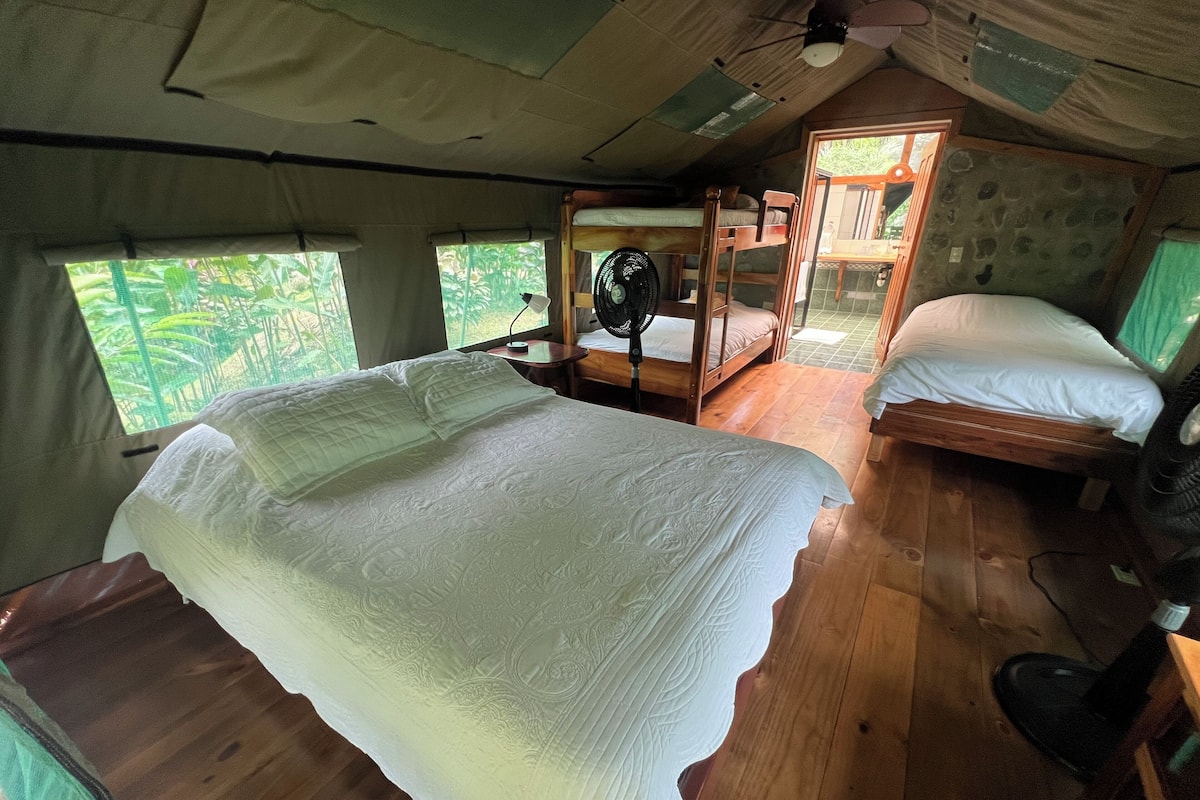 Una habitación acogedora con una cama grande, una cama más pequeña y un ventilador. Se ve un ventanal con vistas a zonas verdes.