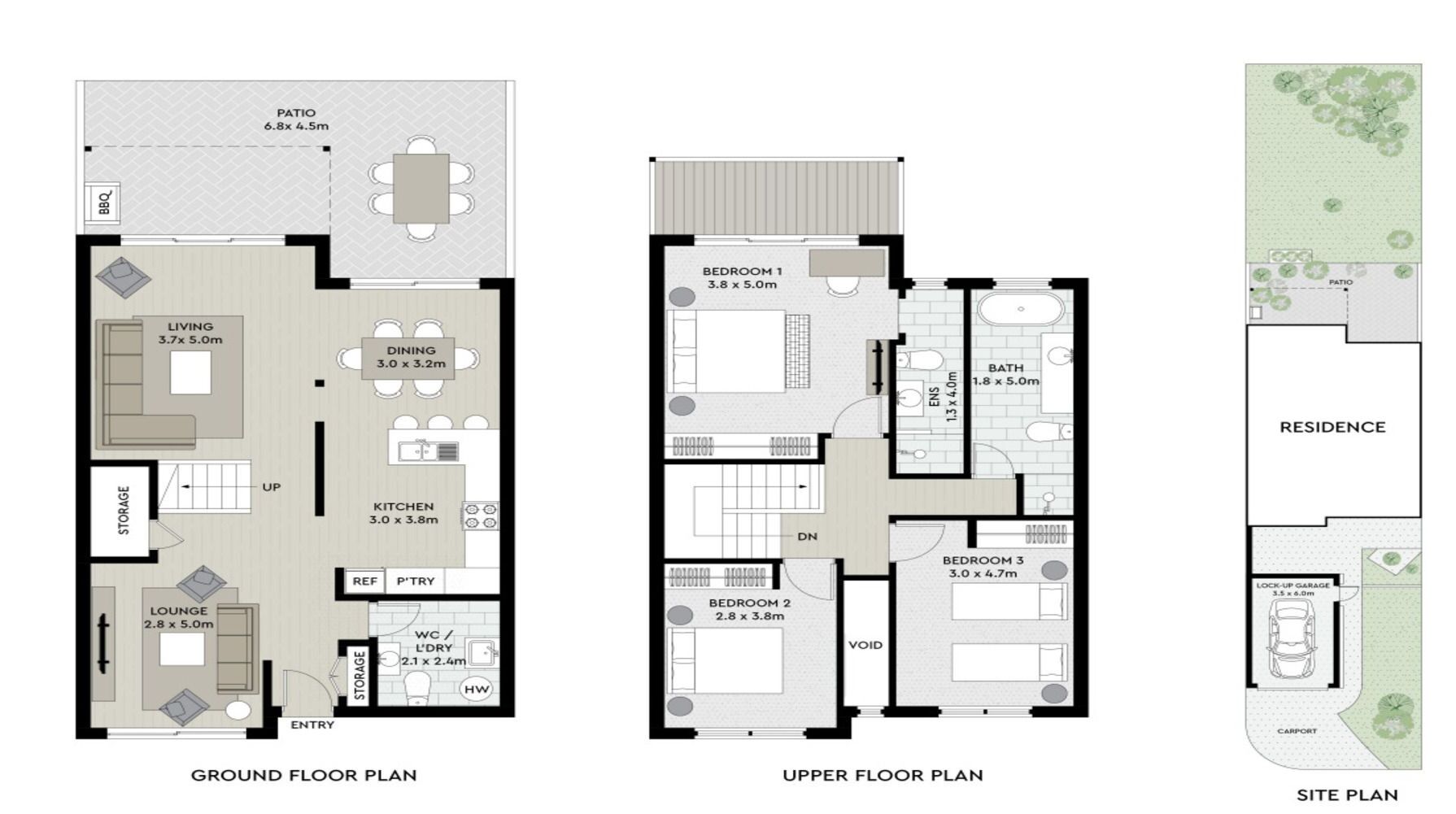 Grundriss des Erdgeschosses mit Wohnzimmer, Essbereich, Küche, Salon, Stauraum und Eingangsbereich. Der Grundriss des Obergeschosses zeigt drei Schlafzimmer, ein Badezimmer und einen Essbereich. Der Lageplan zeigt ein Wohnhaus mit Terrasse und abschließbarer Garage.
