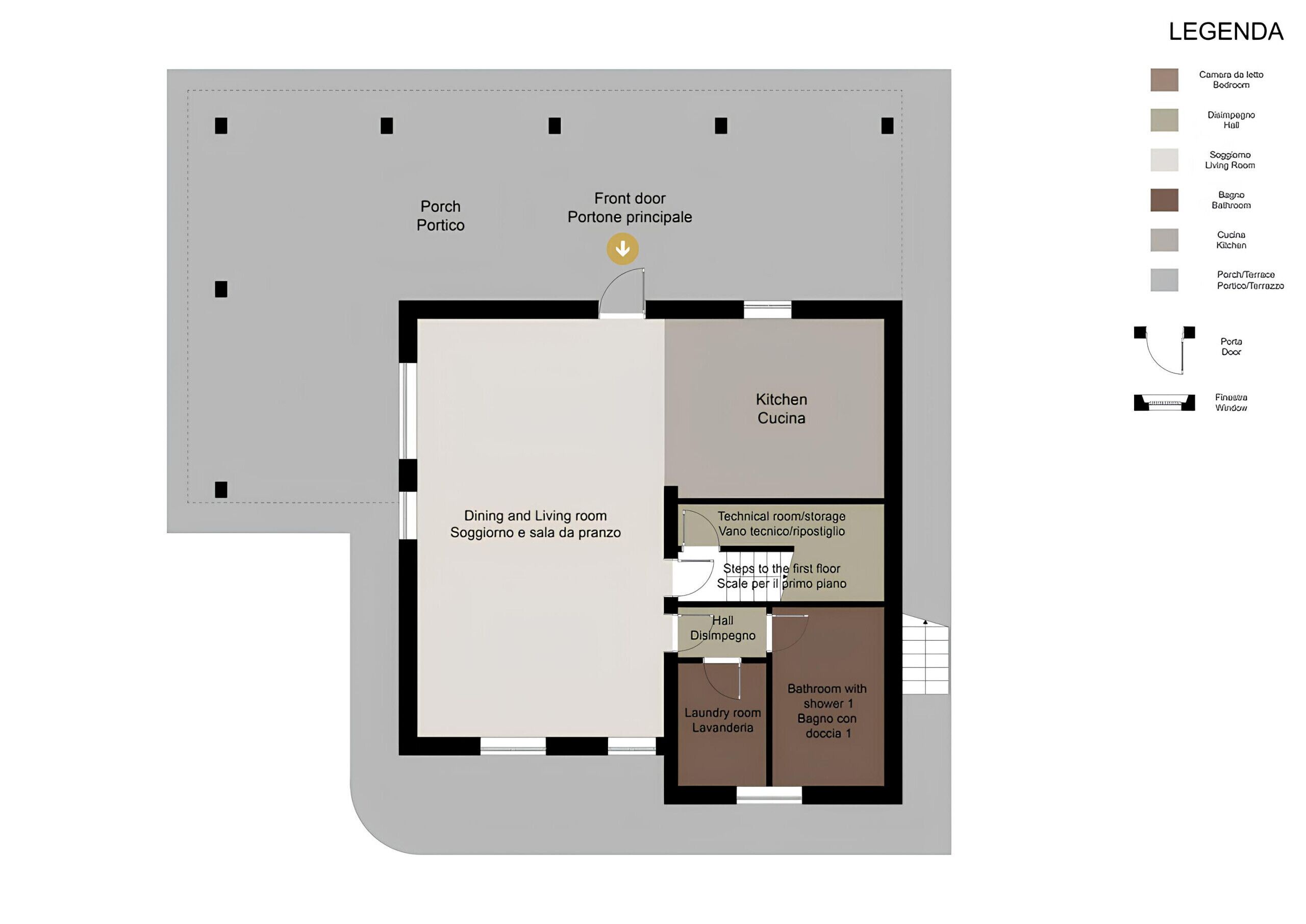 Plano de planta de un hotel que muestra comedor, sala de estar, cocina, baño y cuarto técnico/almacén.