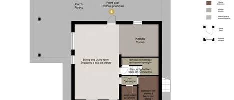 Plano de planta de un hotel que muestra comedor, sala de estar, cocina, baño y cuarto técnico/almacén.