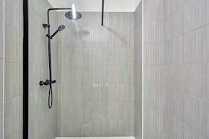 Shower, hair dryer, shampoo