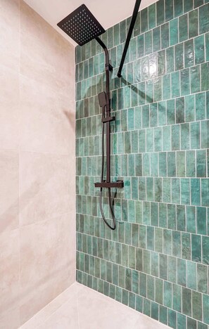 Ducha, secador de pelo, toallas y champú