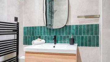 Shower, hair dryer, towels