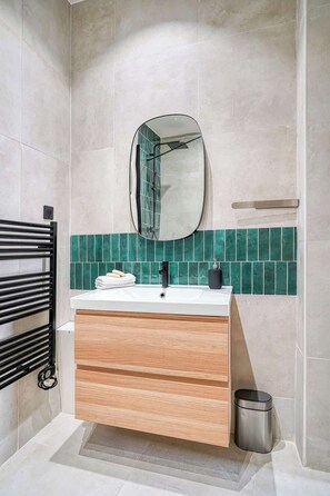 Shower, hair dryer, towels