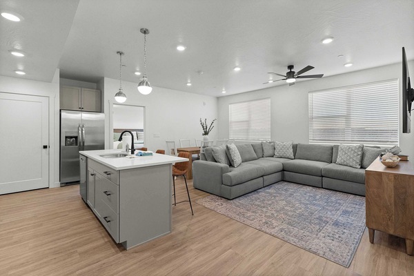 Open living, dining, and kitchen space