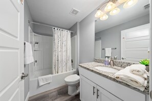 Shower, hair dryer, towels, toilet paper