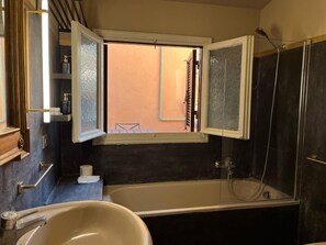 Shower, hair dryer, bidet, towels