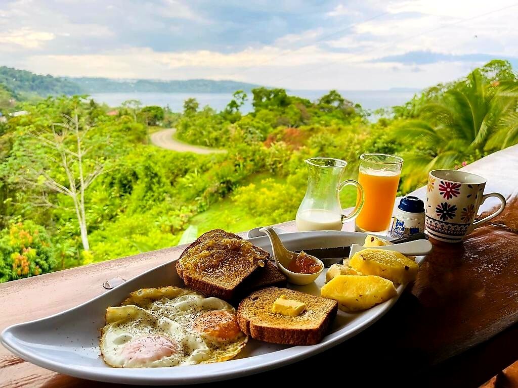A breakfast plate with toast, eggs, and fruit, a jug of orange juice, and a cup of coffee, set against a scenic view of a lush landscape.