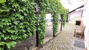 Un patio empedrado con un banco de madera y una reja de metal.