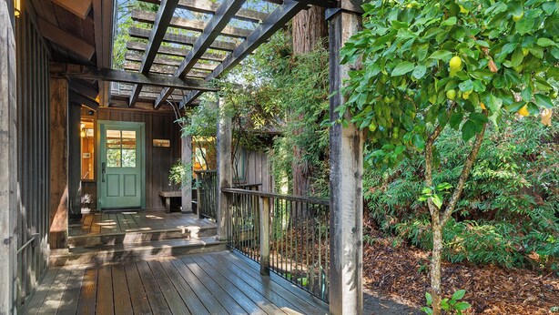 Una terraza de madera que lleva a una puerta verde, rodeada de abundante follaje y una estructura de pérgola.