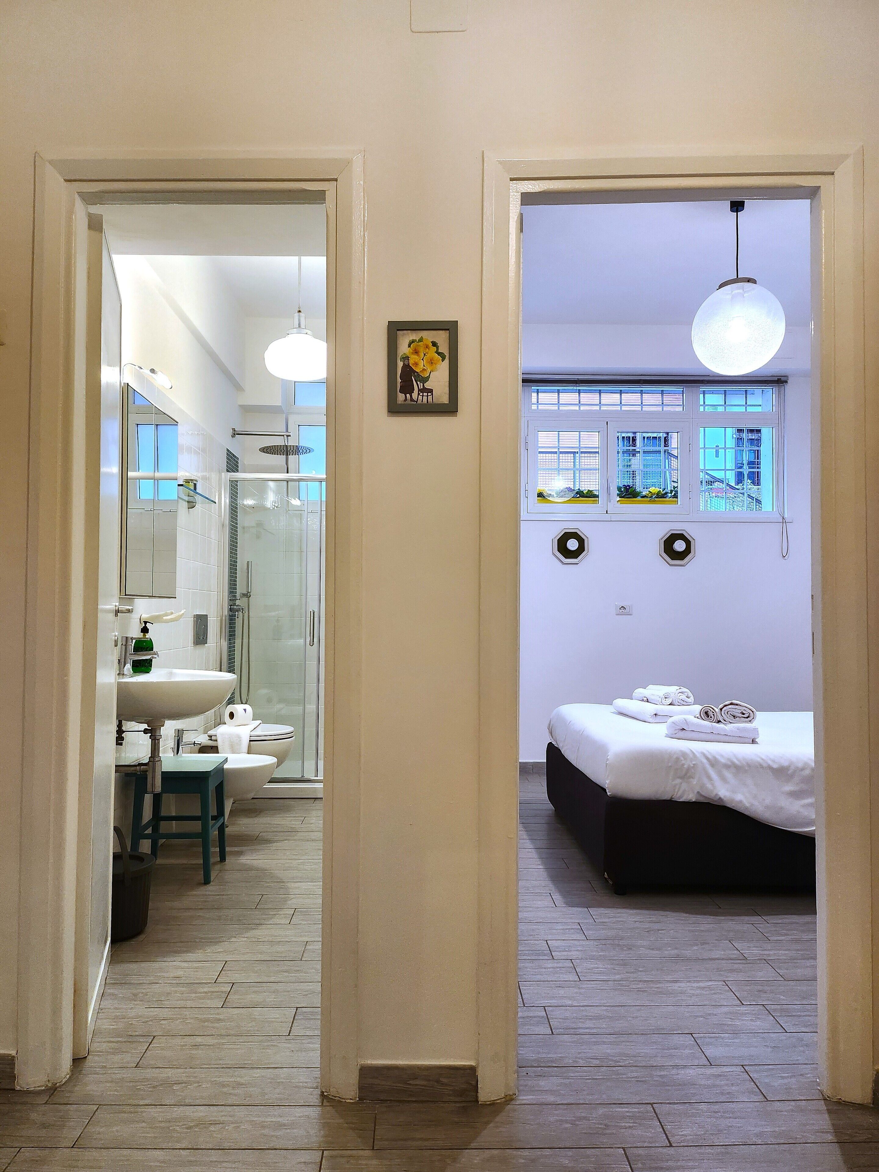 Shower, hair dryer, bidet, towels