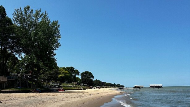 Ein Strand mit sandigem Ufer, blauem Himmel und ein paar Booten im Wasser.