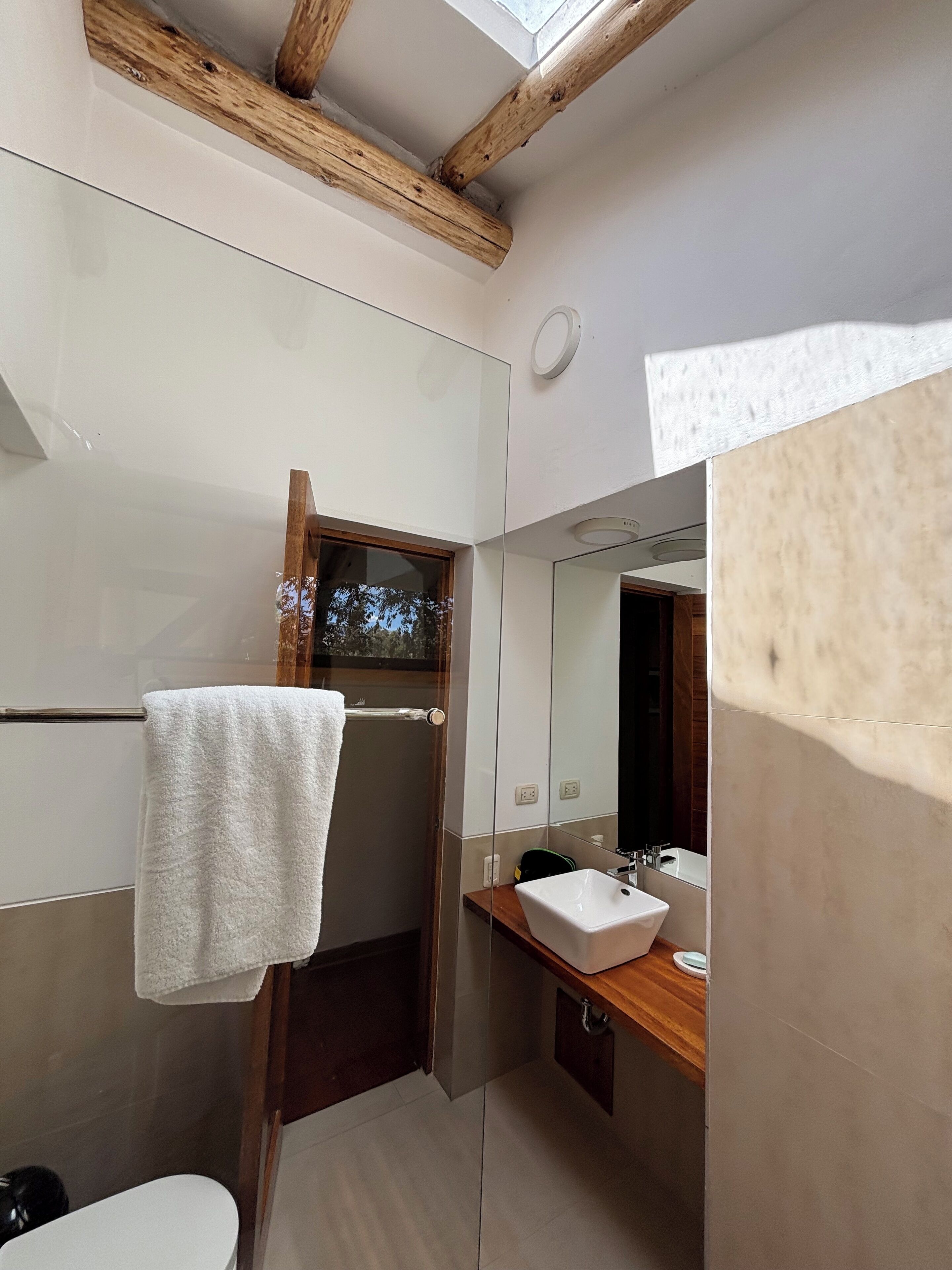 A modern bathroom with a wooden ceiling, a glass shower enclosure, a white sink, and a mirror.