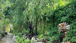 Un chemin de pierres bordé d’un mur de roches et d’une végétation luxuriante, qui traverse un jardin.