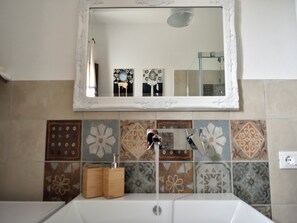 Shower, bidet, soap, toilet paper
