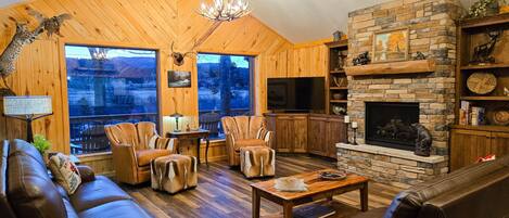 Una televisión, una chimenea, libros