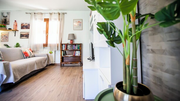 A living room with a sofa, a bookshelf, a lamp, and a potted plant. - Il Borghetto (Alta Valle Intelvi)