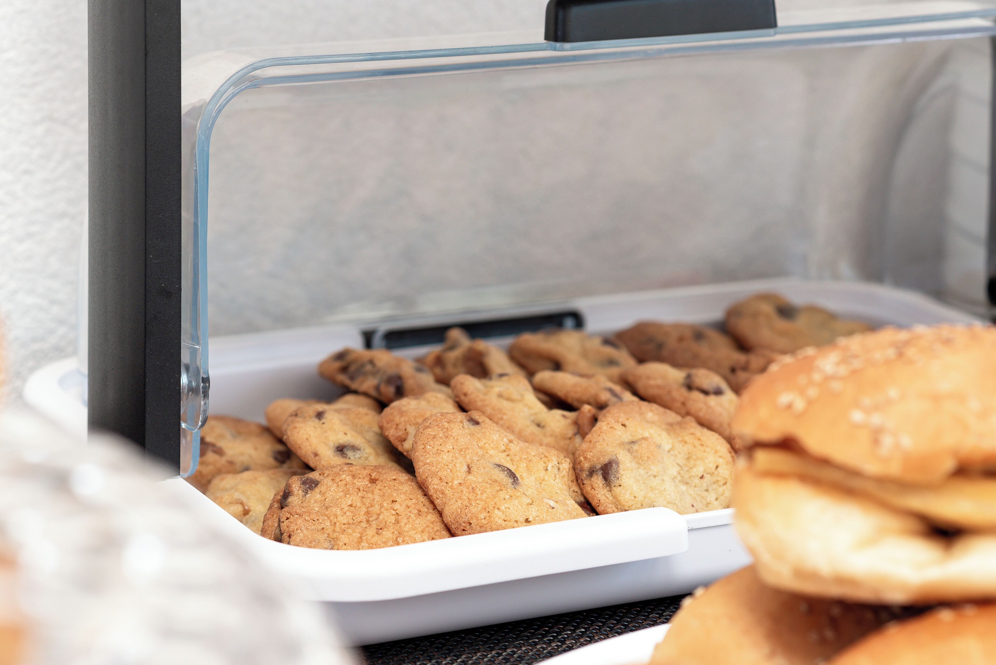 Una bandeja con galletas y un sándwich en un recipiente de plástico transparente.